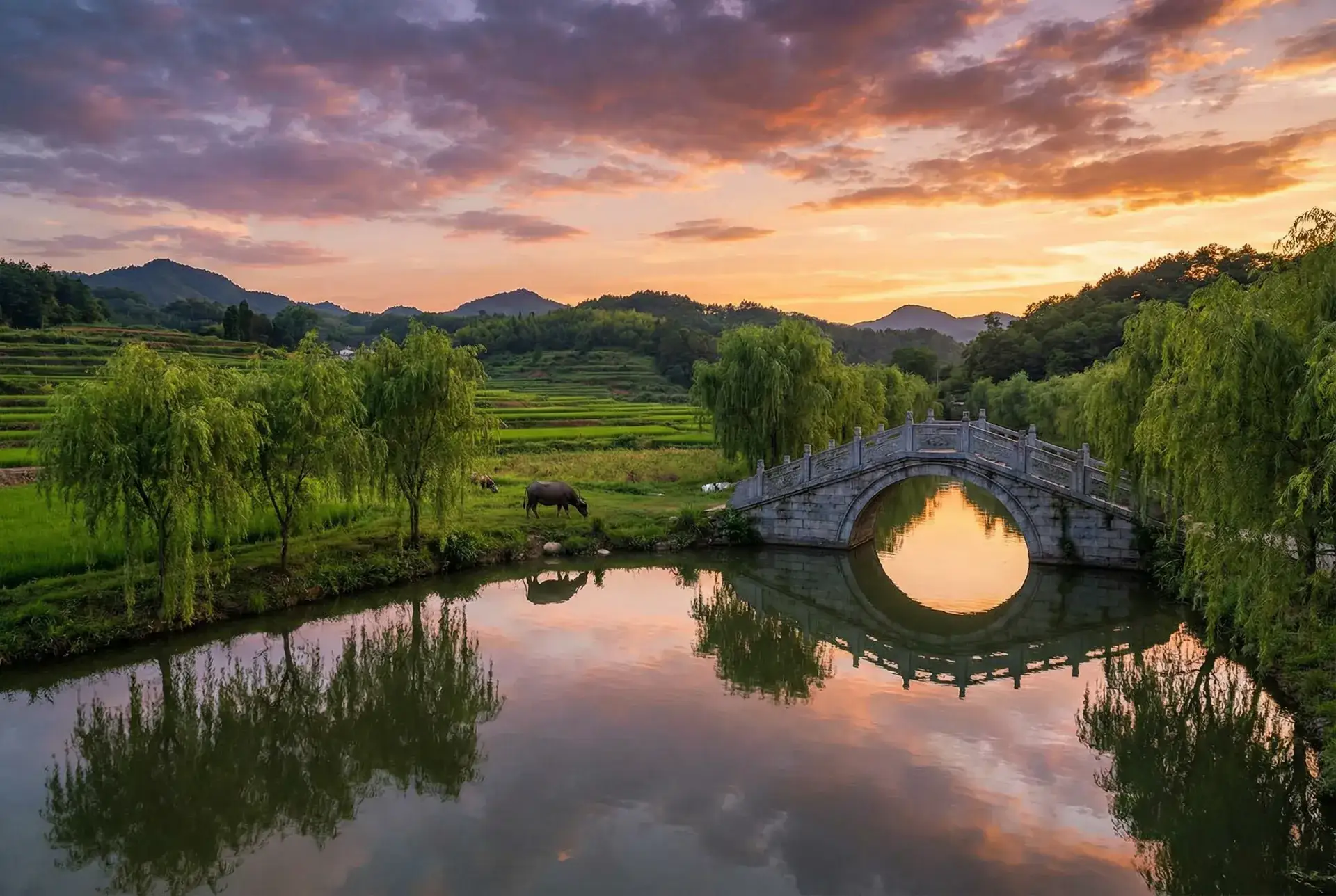 夕阳下的石拱桥与垂柳，水牛在河边吃草 - 最近新免费韩国视频图片 乡村美景